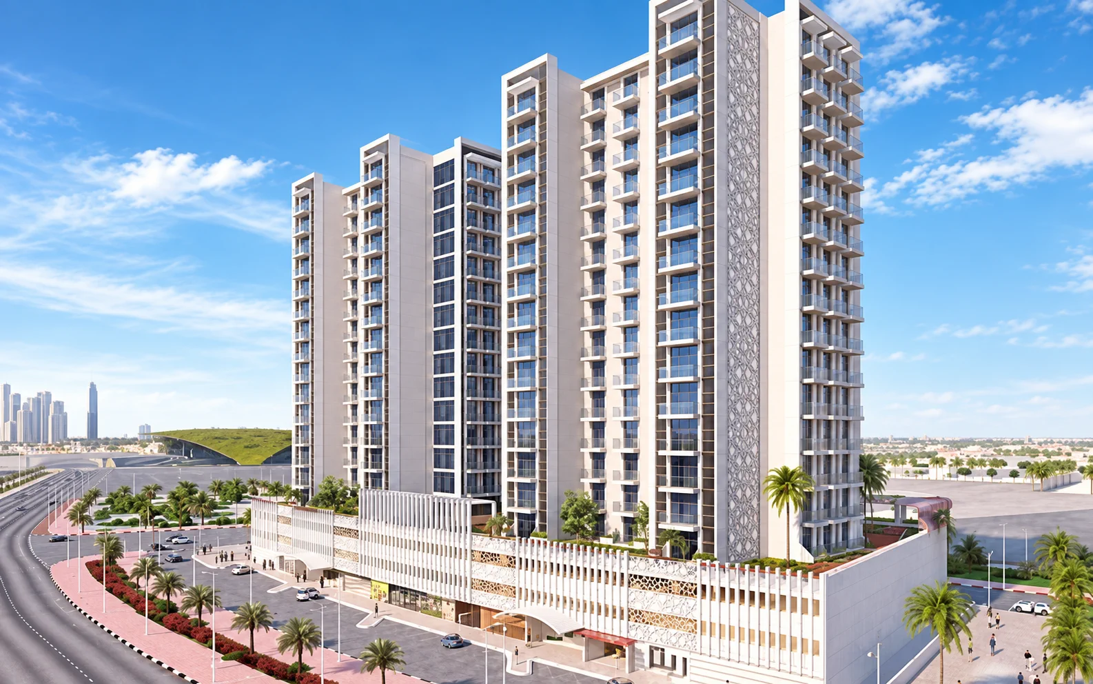 Architectural view of the Glamz and Starz residential projects in Dubai