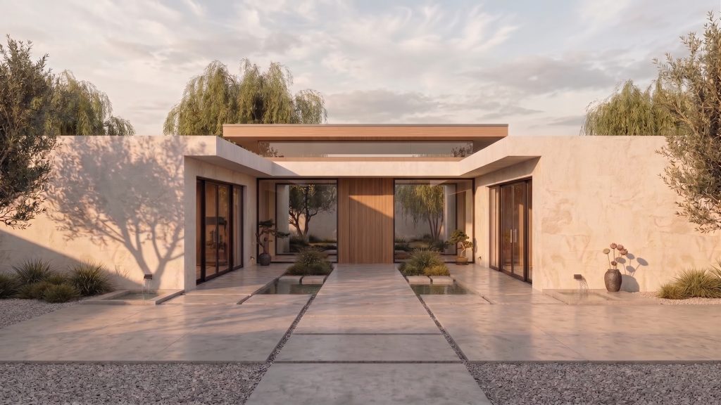 Modern courtyard residence featuring HOPO heavy-duty lift-and-slide systems