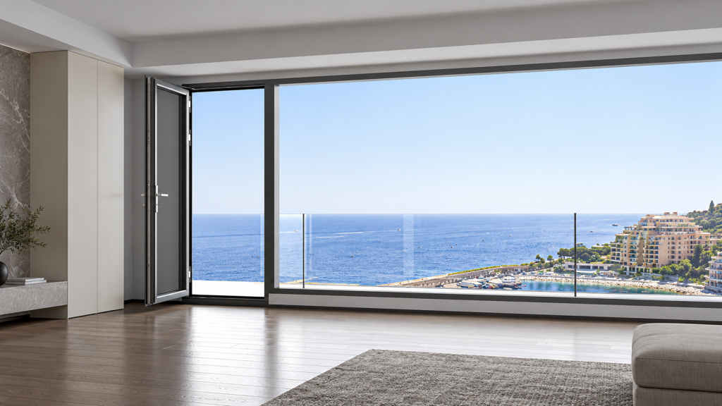 concealed-hinge casement door system in a refined residential setting