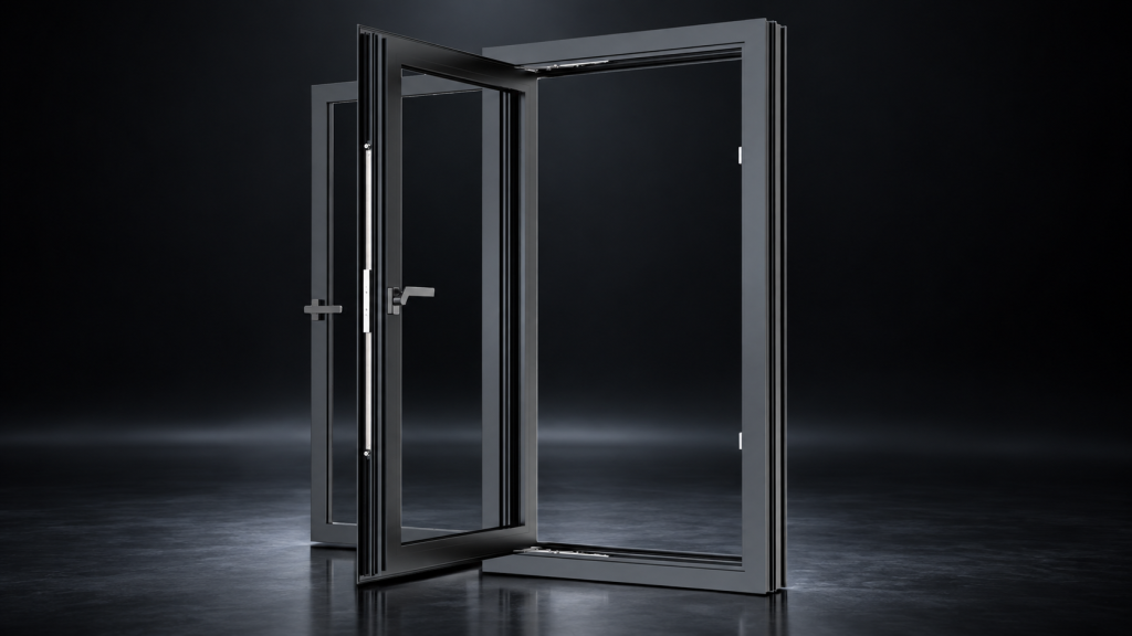 Nitoly integrated window-and-screen system on a black studio background